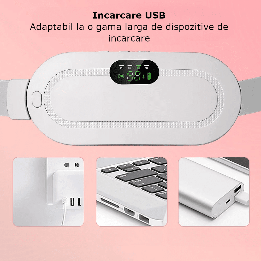 Aparat centura abdominala pentru incalzire si masaj, anti dureri menstruale, lombare, cu afisaj digital, 3 trepte de incalzire si 3 programe cu vibromasaj, portabil, acumulator 1800 mAh, alb - imagine 7