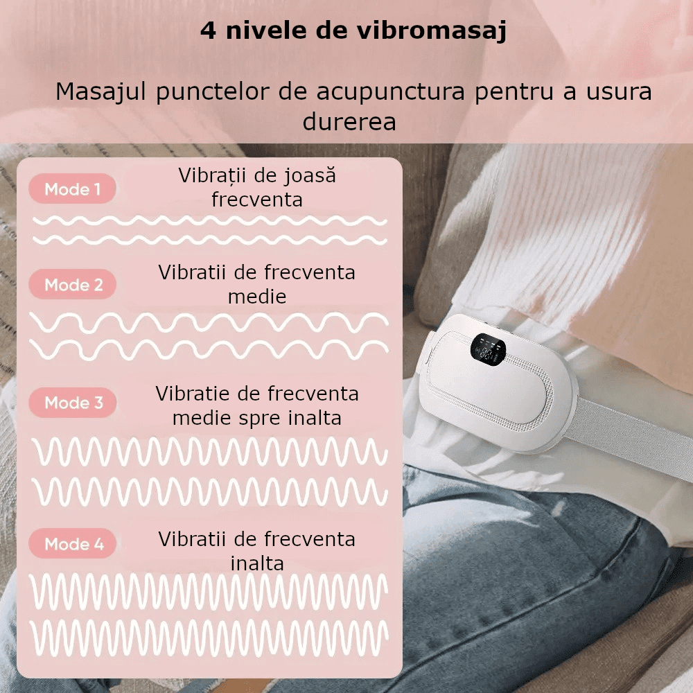 Aparat centura abdominala pentru incalzire si masaj, anti dureri menstruale, lombare, cu afisaj digital, 3 trepte de incalzire si 3 programe cu vibromasaj, portabil, acumulator 1800 mAh, alb - imagine 6