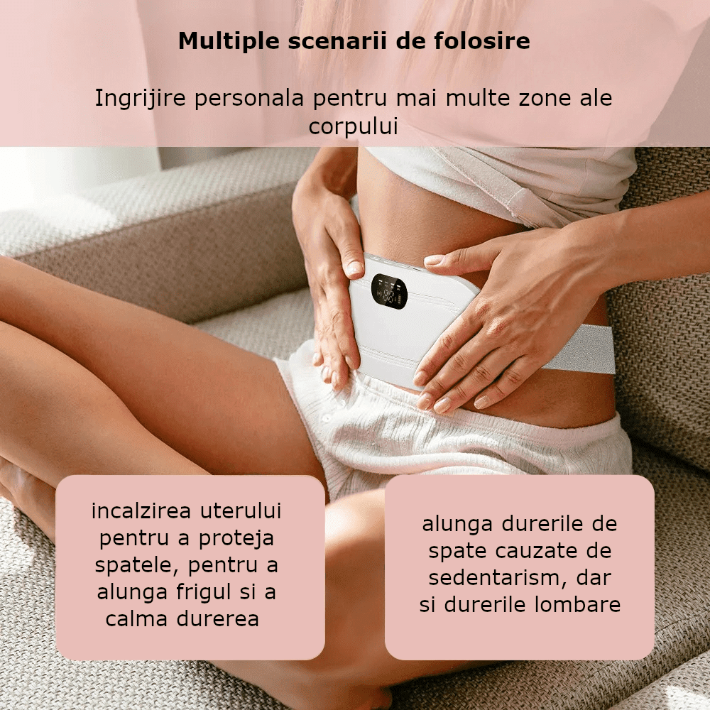 Aparat centura abdominala pentru incalzire si masaj, anti dureri menstruale, lombare, cu afisaj digital, 3 trepte de incalzire si 3 programe cu vibromasaj, portabil, acumulator 1800 mAh, alb - imagine 4