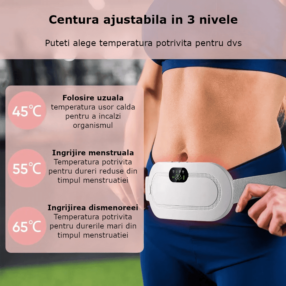 Aparat centura abdominala pentru incalzire si masaj, anti dureri menstruale, lombare, cu afisaj digital, 3 trepte de incalzire si 3 programe cu vibromasaj, portabil, acumulator 1800 mAh, alb - imagine 5