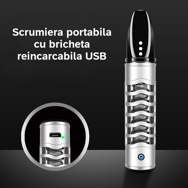 Scrumiera portabila cu bricheta reincarcabila USB, suport de tigara, prevenirea imprastierii scrumului, pentru calatorii, acasa, birou si masina, Alb - imagine 3