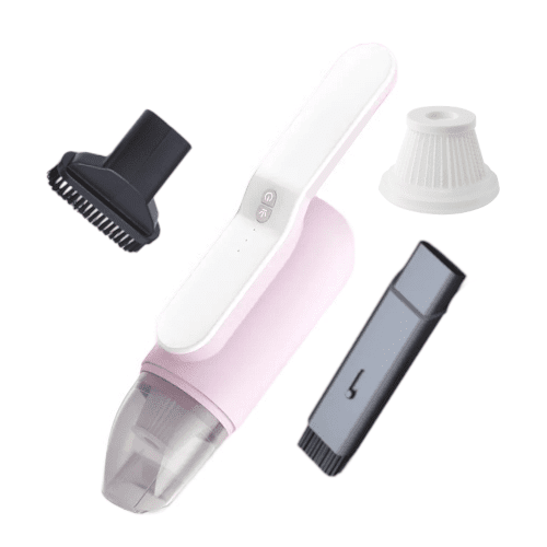 Aspirator auto sau de uz casnic, 2 in 1, putere mare de aspiratie, cu multiple perii, portabil, fara fir, anti-acarieni, lumina UV, filtru, 80W, 13000 Pa, acumulator 3000 mAh, roz
