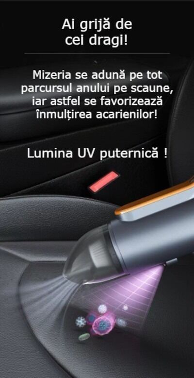 Aspirator auto sau de uz casnic, 2 in 1, putere mare de aspiratie, cu multiple perii, portabil, fara fir, anti-acarieni, lumina UV, filtru, 80W, 13000 Pa, acumulator 3000 mAh, roz - imagine 5