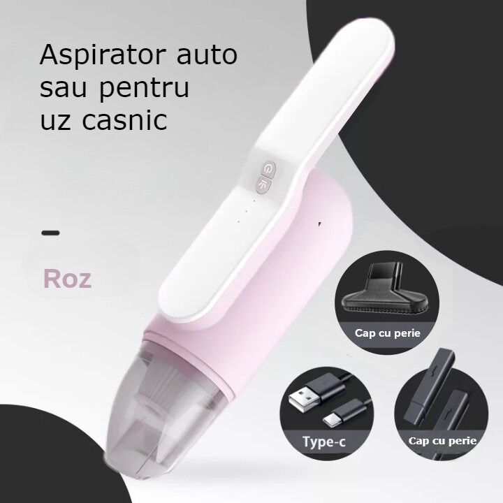 Aspirator auto sau de uz casnic, 2 in 1, putere mare de aspiratie, cu multiple perii, portabil, fara fir, anti-acarieni, lumina UV, filtru, 80W, 13000 Pa, acumulator 3000 mAh, roz - imagine 2