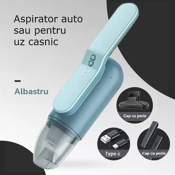 Aspirator auto sau de uz casnic, 2 in 1, putere mare de aspiratie, cu multiple perii, portabil, fara fir, anti-acarieni, lumina UV, filtru, 80W, 13000 Pa, acumulator 3000 mAh, Albastru - imagine 2