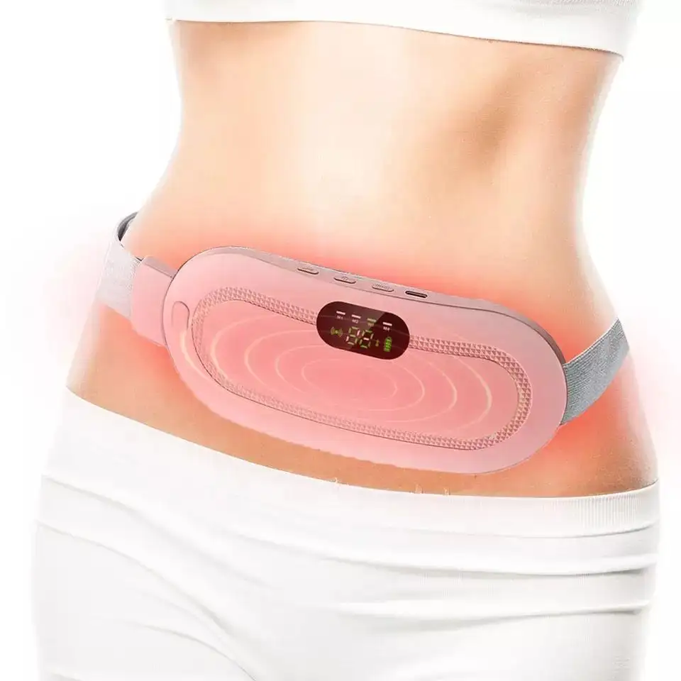 Aparat centura abdominala pentru incalzire si masaj, anti dureri menstruale, lombare, cu afisaj digital, 3 trepte de incalzire si 3 programe cu vibromasaj, portabil, acumulator 1800 mAh, alb