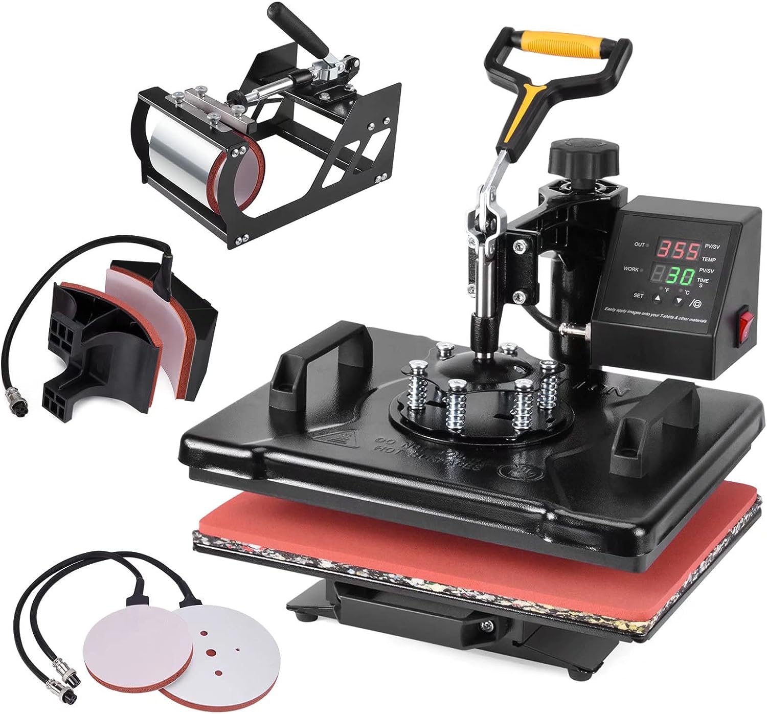 Presa multifunctionale pentru imprimare termica 5 in 1, Influential Tech, personalizari tricouri, cani, sepci, farfurii, design rotativ 360°, afisaj digital LCD, 30 x 38 cm, 1000 W, 0 - 220 grade celsius