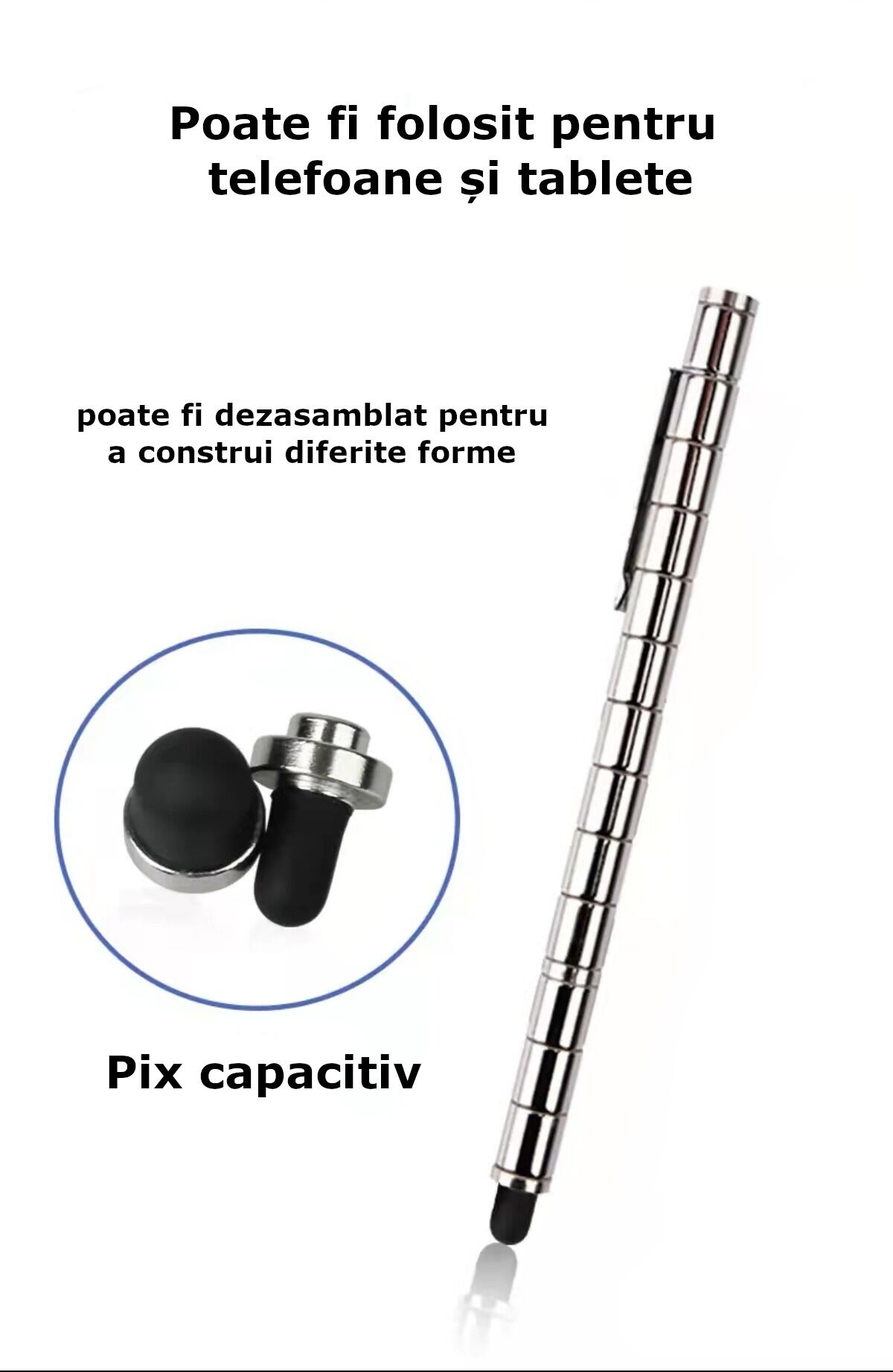 Set Pix Modular Magnetic Premium, Cutie Metalica, cu 13 Inele Magnetice, 12 Bile Otel, 3 Rezerve de Stilou, 2 Capete Capacitive, Argintiu - imagine 2