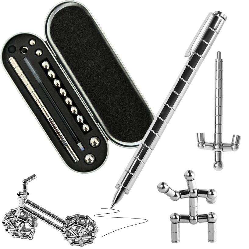 Set Pix Modular Magnetic Premium, Cutie Metalica, cu 13 Inele Magnetice, 12 Bile Otel, 3 Rezerve de Stilou, 2 Capete Capacitive, Argintiu