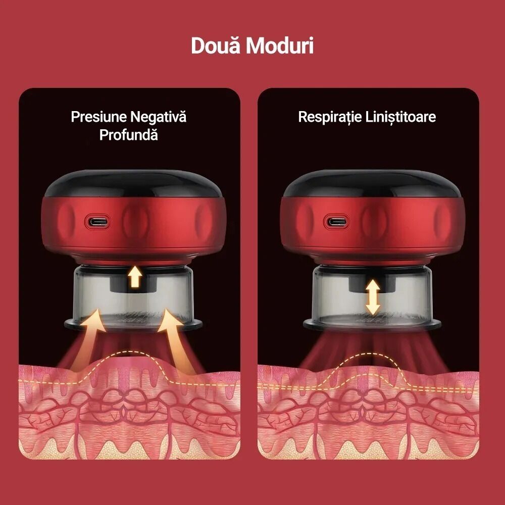Aparat inteligent profesional de masaj cu ventuze electrice, razuire a punctului de acupunctura, pentru detoxifiere, aspirare in vid cu putere mare, compresa fierbinte pentru ameliorarea durerii, portabil, fara fir, acumulator 1200 mAh, rosu - imagine 4