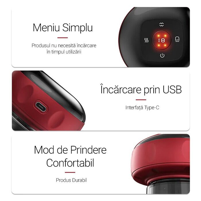 Aparat inteligent profesional de masaj cu ventuze electrice, razuire a punctului de acupunctura, pentru detoxifiere, aspirare in vid cu putere mare, compresa fierbinte pentru ameliorarea durerii, portabil, fara fir, acumulator 1200 mAh, rosu - imagine 3