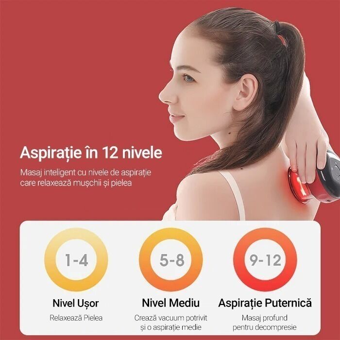 Aparat inteligent profesional de masaj cu ventuze electrice, razuire a punctului de acupunctura, pentru detoxifiere, aspirare in vid cu putere mare, compresa fierbinte pentru ameliorarea durerii, portabil, fara fir, acumulator 1200 mAh, rosu - imagine 6