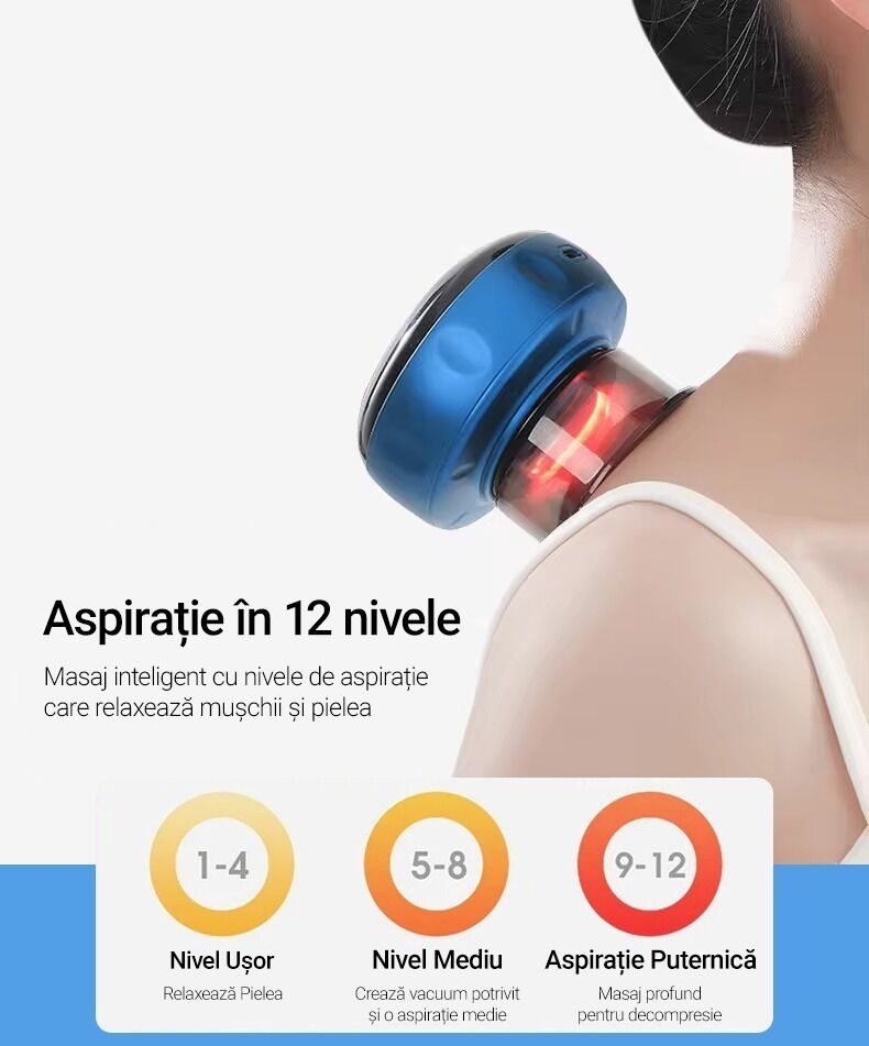 Aparat inteligent profesional de masaj cu ventuze electrice, razuire a punctului de acupunctura, pentru detoxifiere, aspirare in vid cu putere mare, compresa fierbinte pentru ameliorarea durerii, portabil, fara fir, acumulator 1200 mAh, albastru - imagine 6