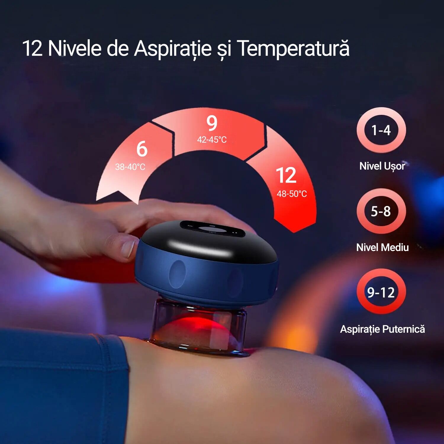 Aparat inteligent profesional de masaj cu ventuze electrice, razuire a punctului de acupunctura, pentru detoxifiere, aspirare in vid cu putere mare, compresa fierbinte pentru ameliorarea durerii, portabil, fara fir, acumulator 1200 mAh, albastru - imagine 9