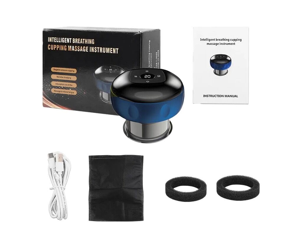 Aparat inteligent profesional de masaj cu ventuze electrice, razuire a punctului de acupunctura, pentru detoxifiere, aspirare in vid cu putere mare, compresa fierbinte pentru ameliorarea durerii, portabil, fara fir, acumulator 1200 mAh, albastru