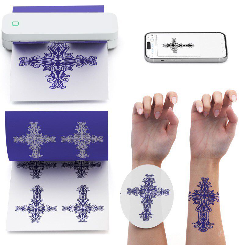 Imprimanta termica pentru tatuaje, portabila, fara fir, nu necesita tus, suporta formaturi pana in A4, Bluetooth, USB, compatibila cu iOS / Android / Windows / MacOS, foi incluse, alb cocos - imagine 2