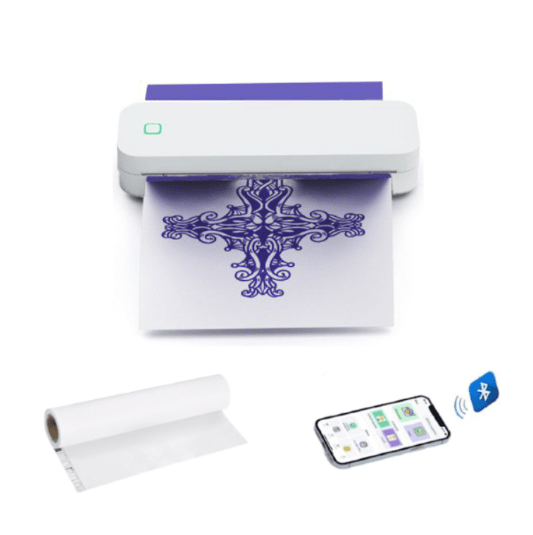 Imprimanta termica pentru tatuaje, portabila, fara fir, nu necesita tus, suporta formaturi pana in A4, Bluetooth, USB, compatibila cu iOS / Android / Windows / MacOS, foi incluse, alb cocos