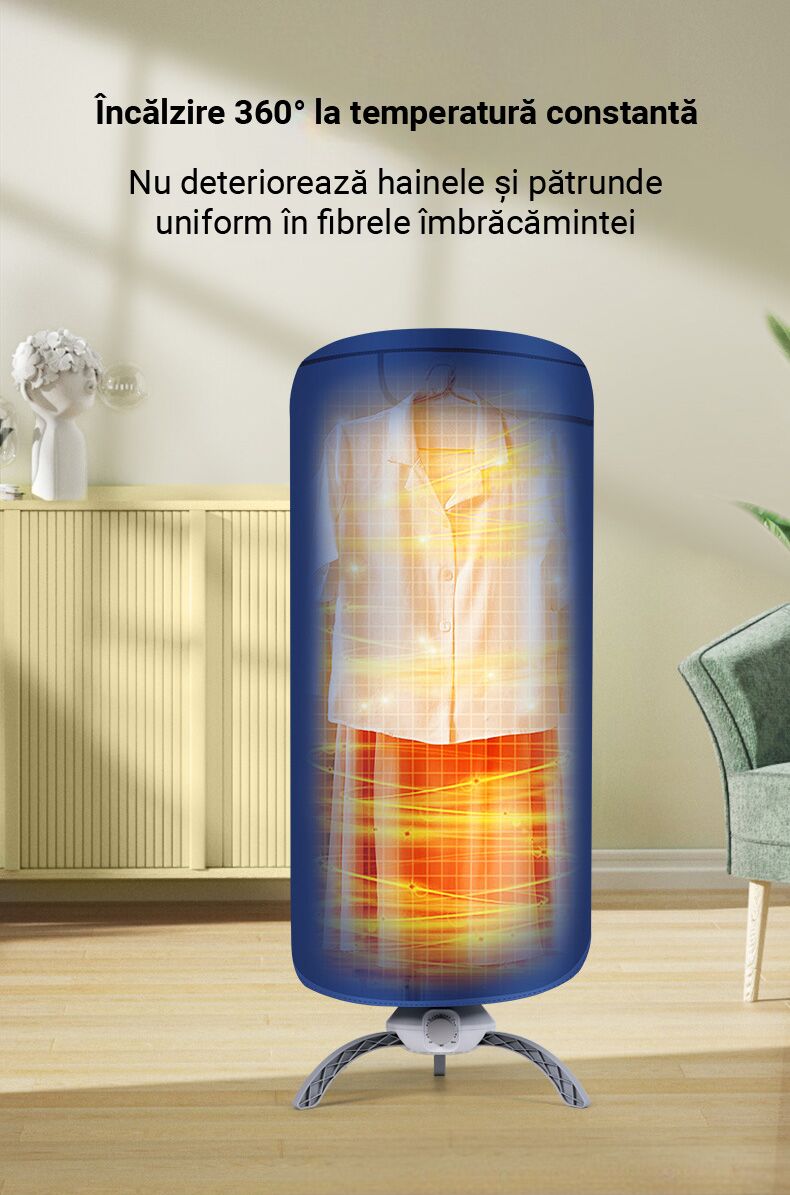 Uscator electric premium pentru imbracaminte, incalzire 360, capacitate 15kg, portabil, temporizator, oprire automata, albastru - imagine 7